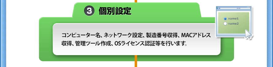 [3.個別設定]コンピューター名、ネットワーク設定、製造番号収得、MACアドレス 収得、管理ツール作成、OSライセンス認証等を行います。